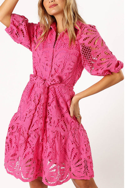 Solid Color Lace Cutout Balloon Sleeves and Waist Tie Mini Dress