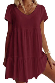 Cotton-Blend V Neck Casual Short Sleeve Weaving Dress