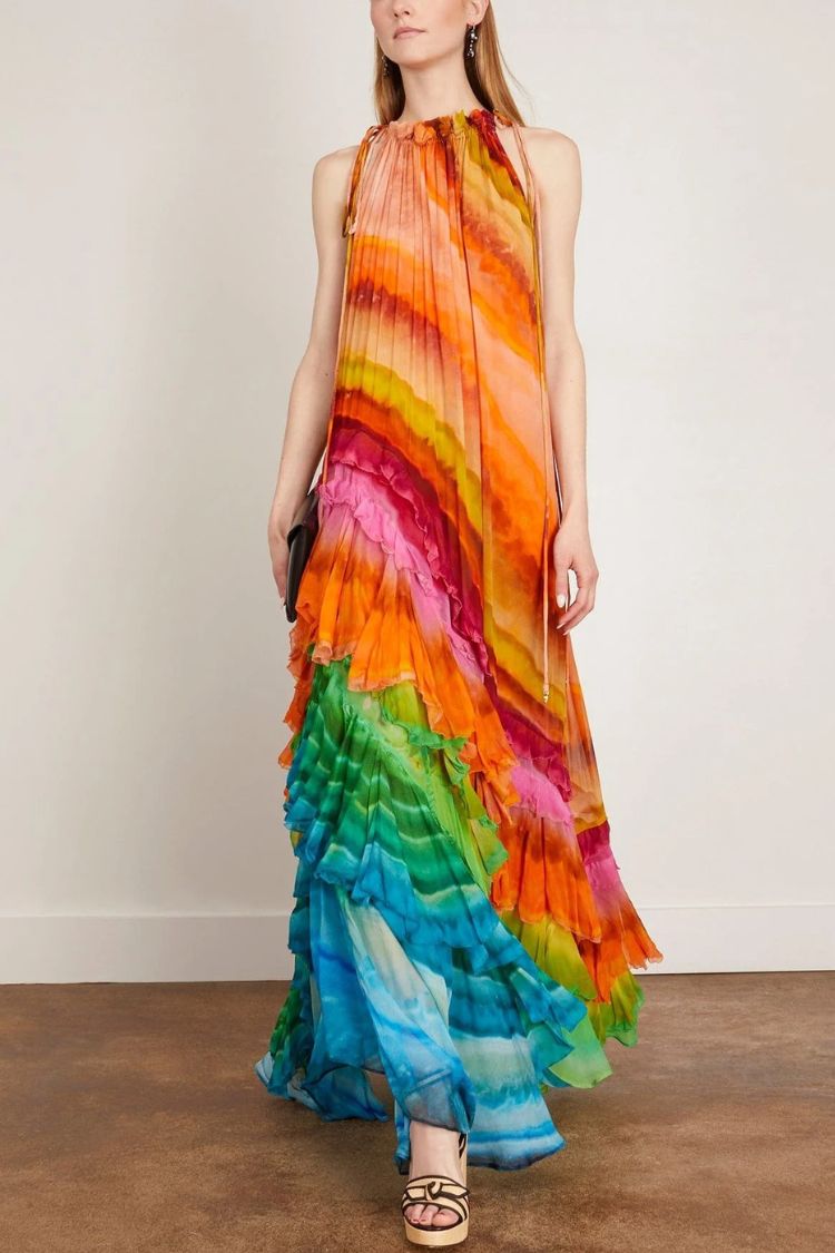 Robe longue trapèze Rosha en crêpe georgette à imprimé tie-dye et volants superposés