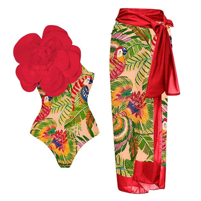 swimgirls Exaggerated 3D Flower Printed One Piece Swimsuit and Sarong