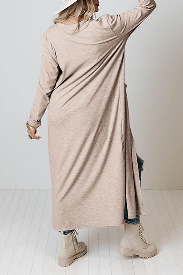 Cardigan long ouvert devant à poches et fentes abricot 