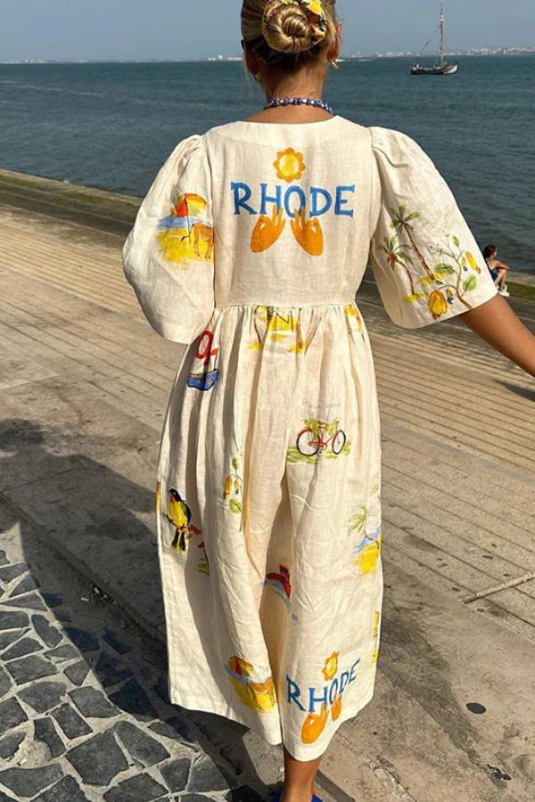 Bedrucktes Midikleid aus Leinen 
