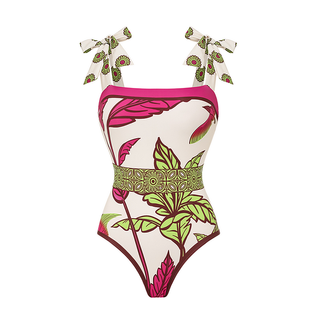 Bow-tie Shoulder Tropical Plant Pattern Printed One Piece Swimsuit and Pants