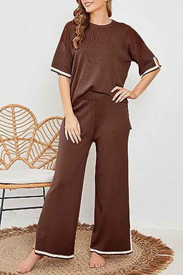 Lounge or Casual Wear Knit Patchwork Color Block Short Sleeve Top and Elastic Wide Leg Pants