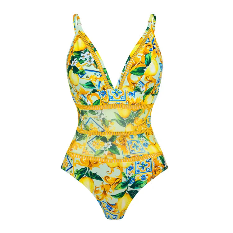 Maillot de bain une pièce bleu à imprimé méditerranéen et col en V, et paréo en maille 