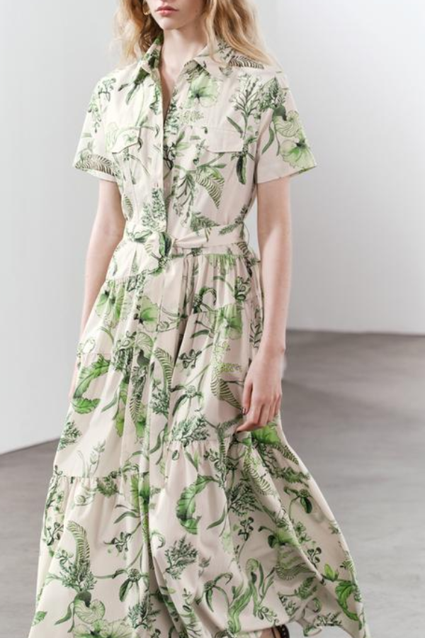 Green Floral Print Shirt Long Dress