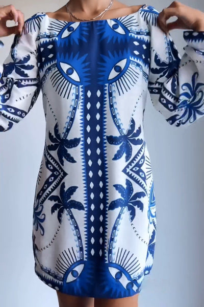 Blue Mysterious Eyes Print Mini Dress