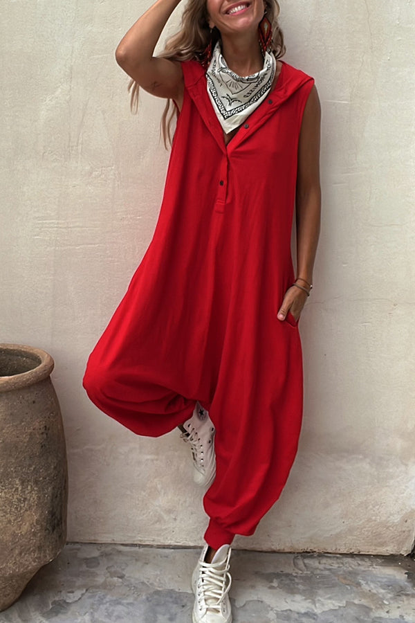 Let's Chill Pocketed Half Button Hooded Loose Jumpsuit