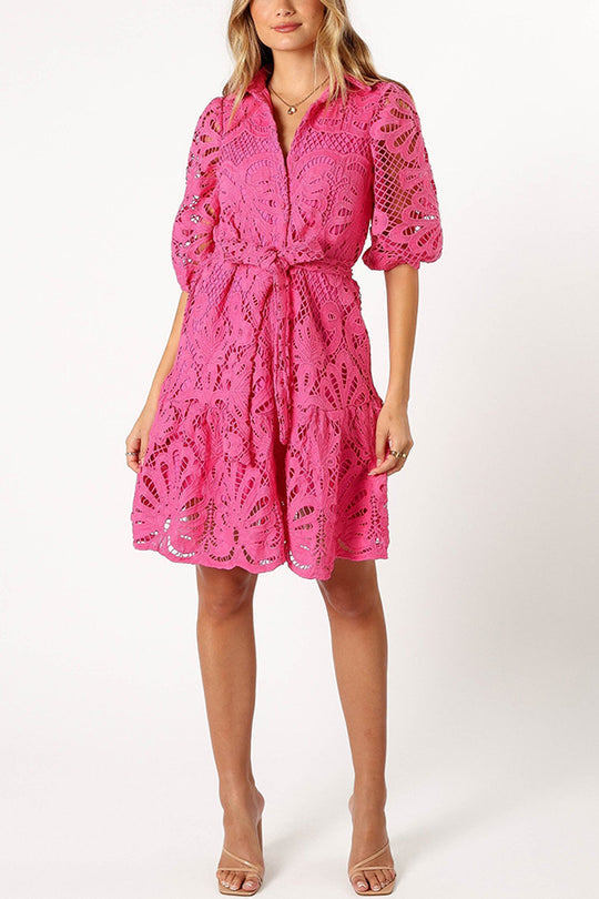 Solid Color Lace Cutout Balloon Sleeves and Waist Tie Mini Dress