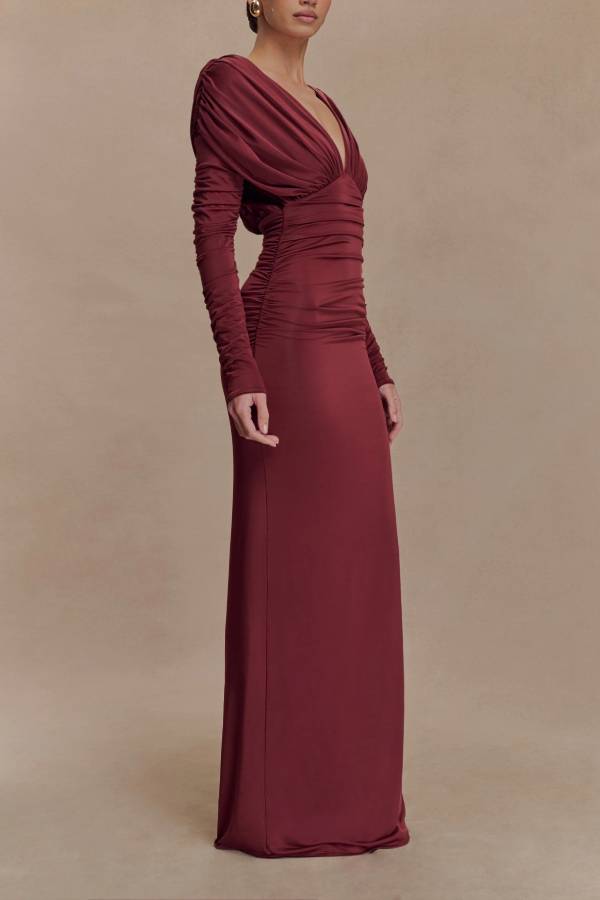 Burgundy Phantom Deep V Pleated Long Sleeve Evening Dress