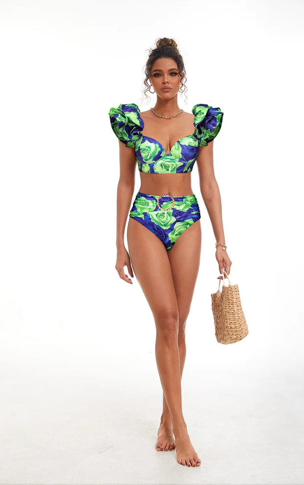 Blue Green Rose Big Ruffle Contrast Print Bikini Swimsuit and Skirt