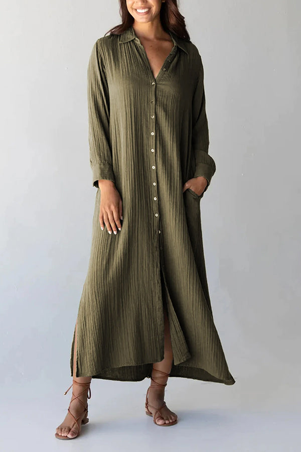 Robe longue ample verte froissée avec poches et fentes latérales
