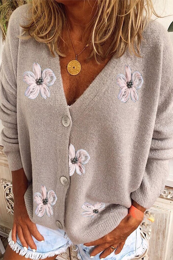 Ladies Long Sleeve Cardigan Embroidered V-Neck Knit Sweater