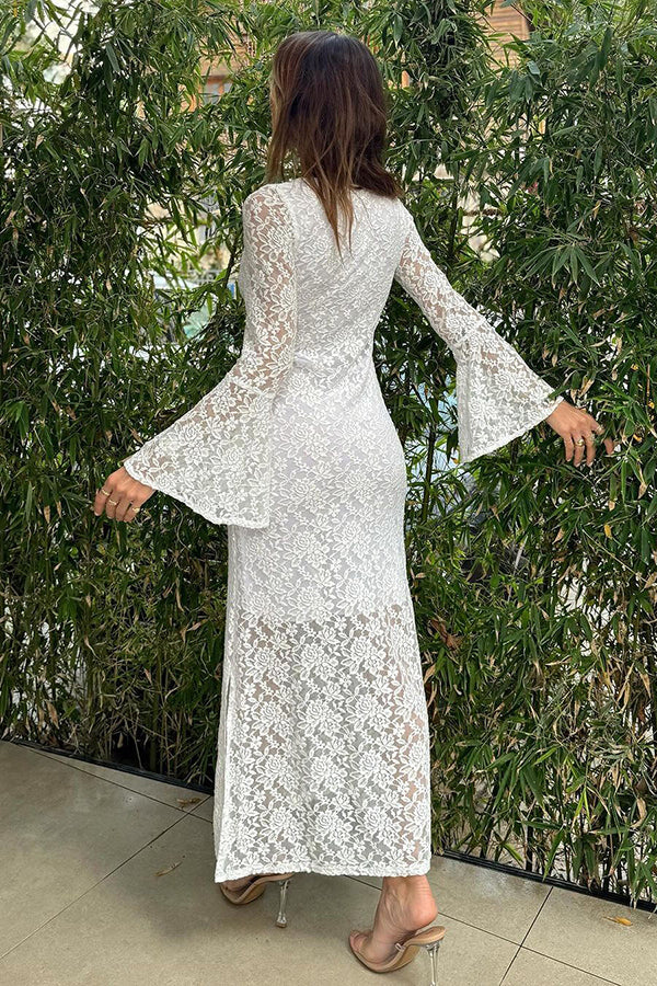 Robe mi-longue fendue doublée à manches cloche et col carré en dentelle de style de vie luxueux 