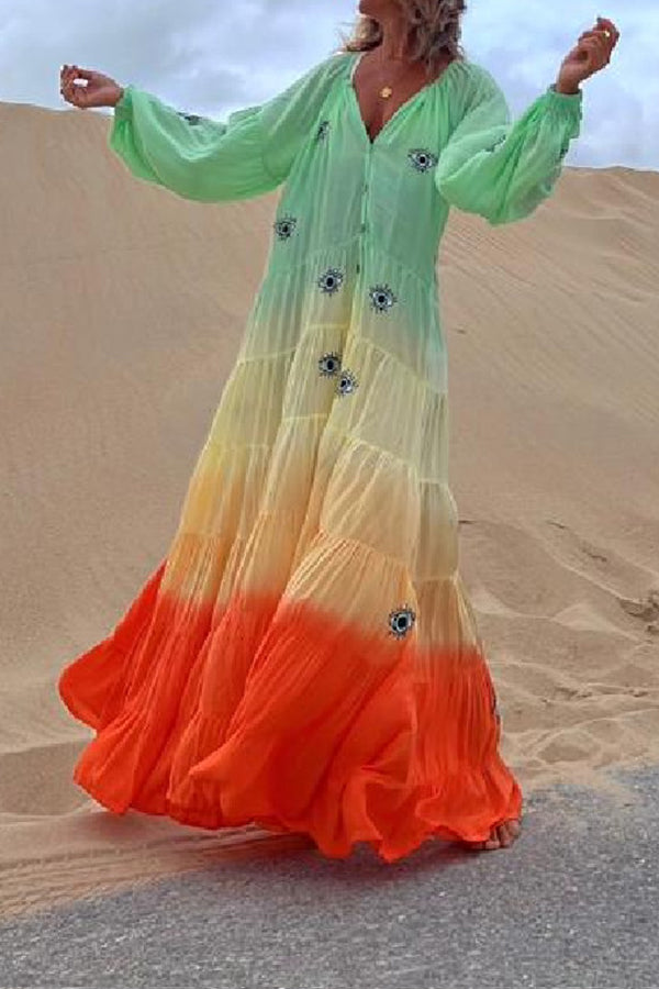 Latam Orange Ombre Pleated Cake Dress Maxi