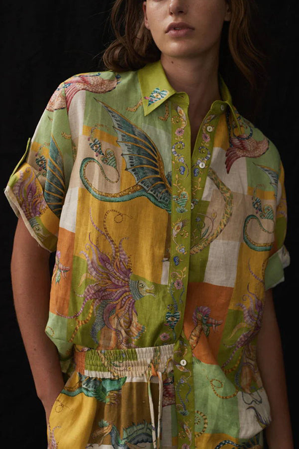 Dragon Family Linen Blend Printed Button Down Oversized Blouse