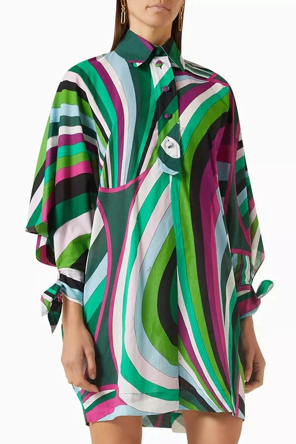 Lorrie Unique Print Button Slit Tie-up Sleeve Oversized Shirt Mini Dress