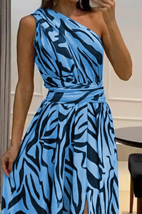 Robe longue imprimée sexy à une épaule sans manches avec dos fendu 