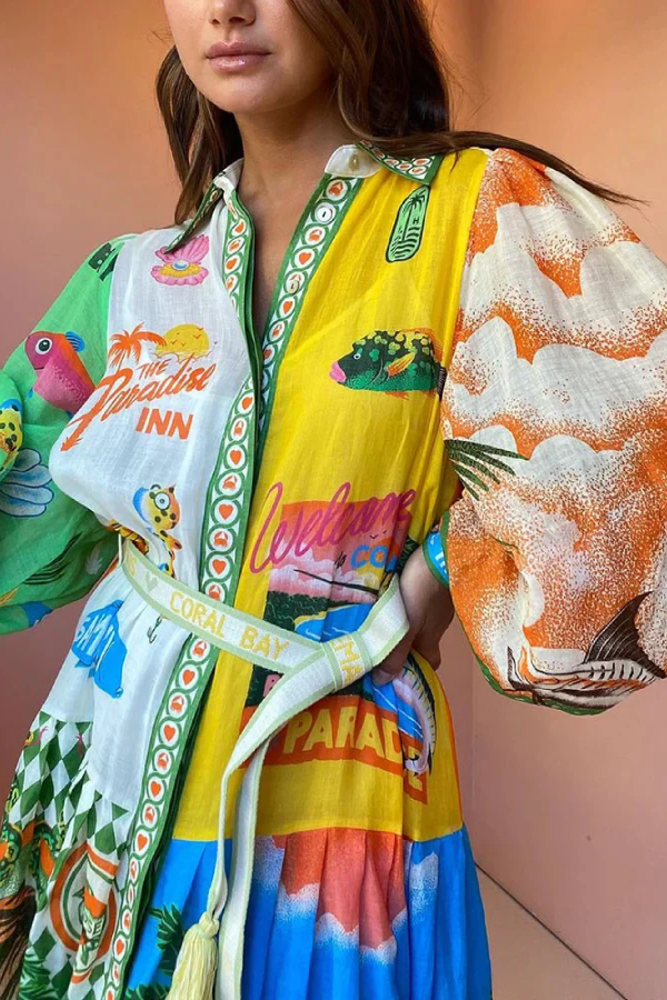 Bedrucktes Langarmkleid im Sommerurlaubsstil 