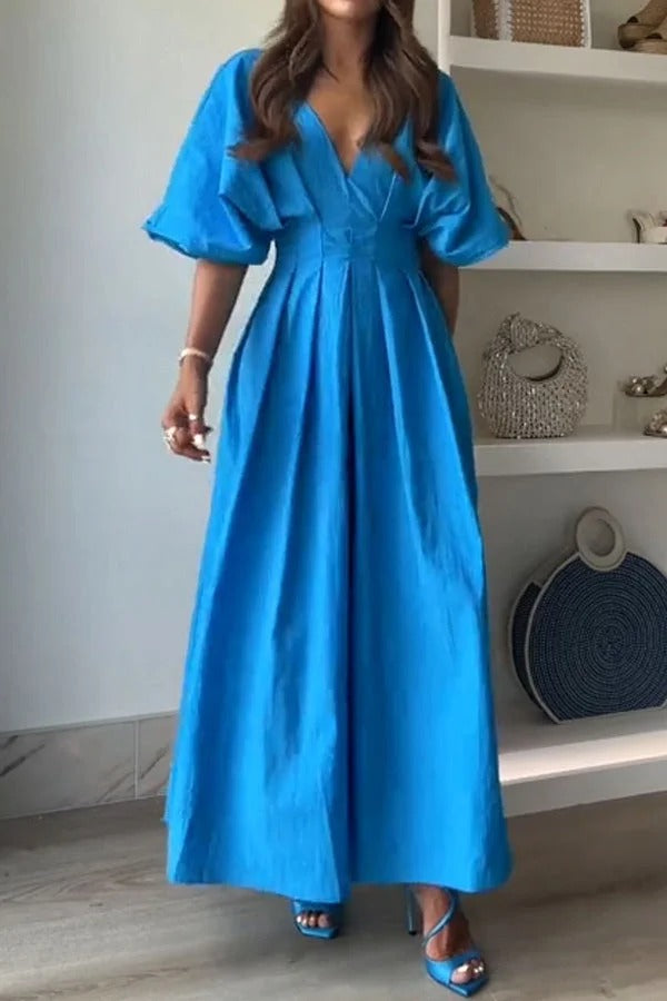 Robe mi-longue plissée à manches bouffantes et larges en lin mélangé Antibes