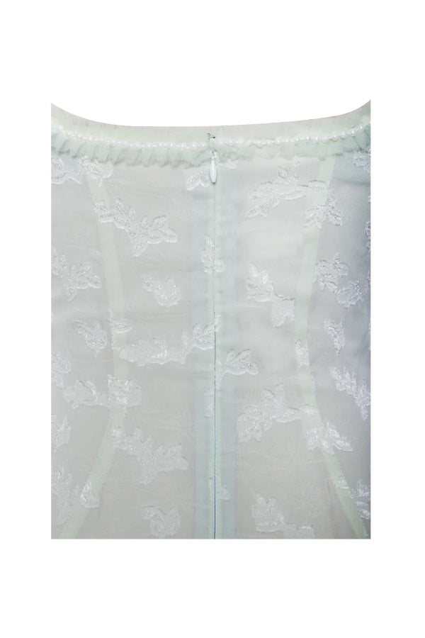 Robe longue fendue haute texturée en jacquard vert clair à col carré Ulissa