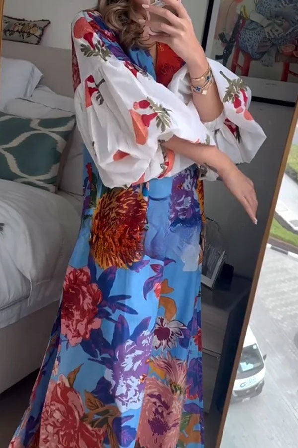 Robe longue Jaylah en lin mélangé à imprimé unique et manches bouffantes de couleur contrastée