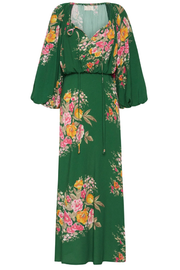 Dark Green Printed V-Neck Drawstring Midi Dress