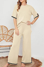 Lounge or Casual Wear Knit Patchwork Color Block Short Sleeve Top and Elastic Wide Leg Pants