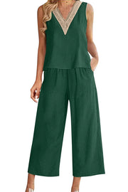 Mchoice Women's Summer Outfits Fashion V-neck Solid Color Sleeveless Tops and Loose Pocket Pants Suit