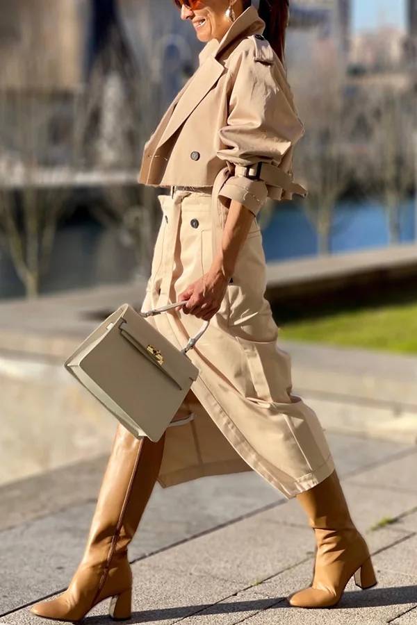 Work Style Lapel Long Sleeve Jacket and Button Belt Pocketed Slit Midi Skirt Set