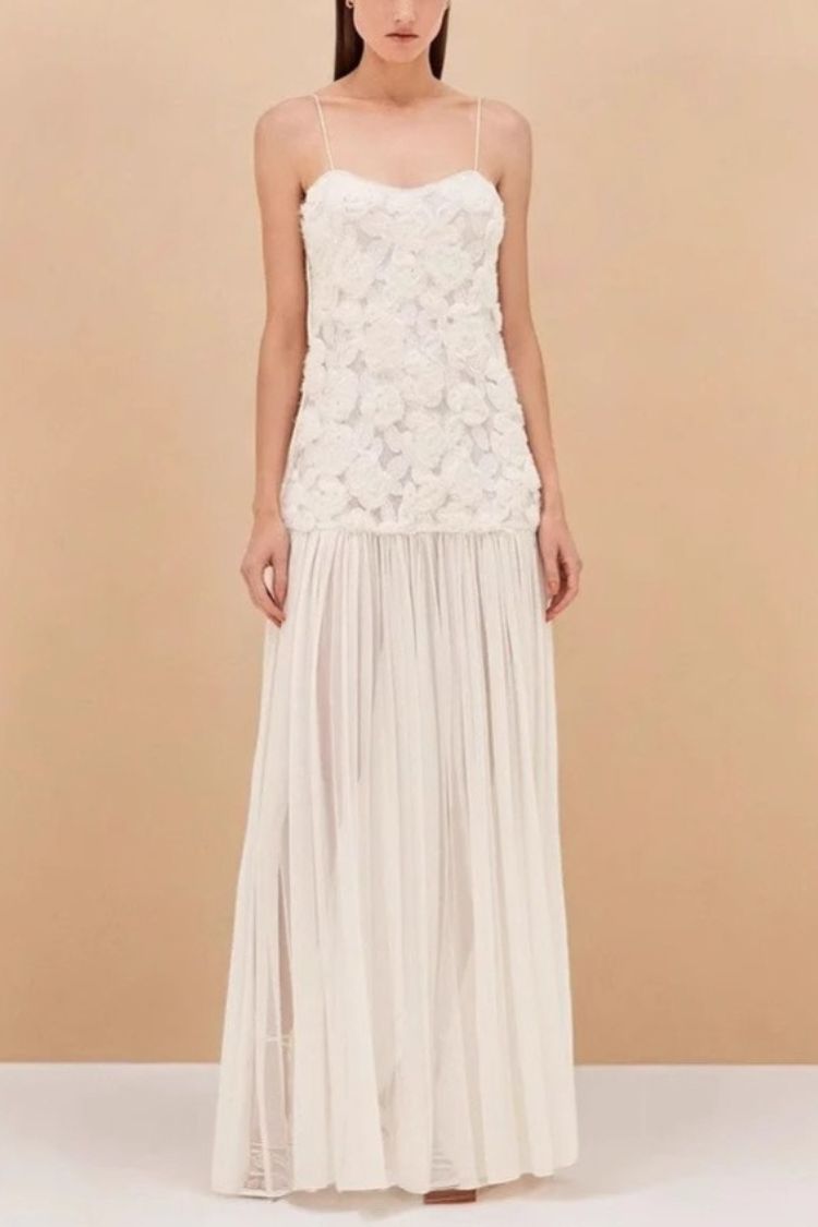 Indulge in Floral Applique Pleated Chiffon Hem Slip Maxi Dress