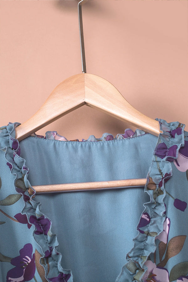 Light Blue Floral Print Ruffle Trim Maxi Dress