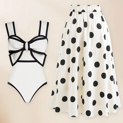 Black and White Bow-tie Decor One Piece Swimsuit and Skirt