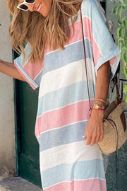 Multicolor Striped Color Block Loose Fit Half Sleeve Maxi Dress