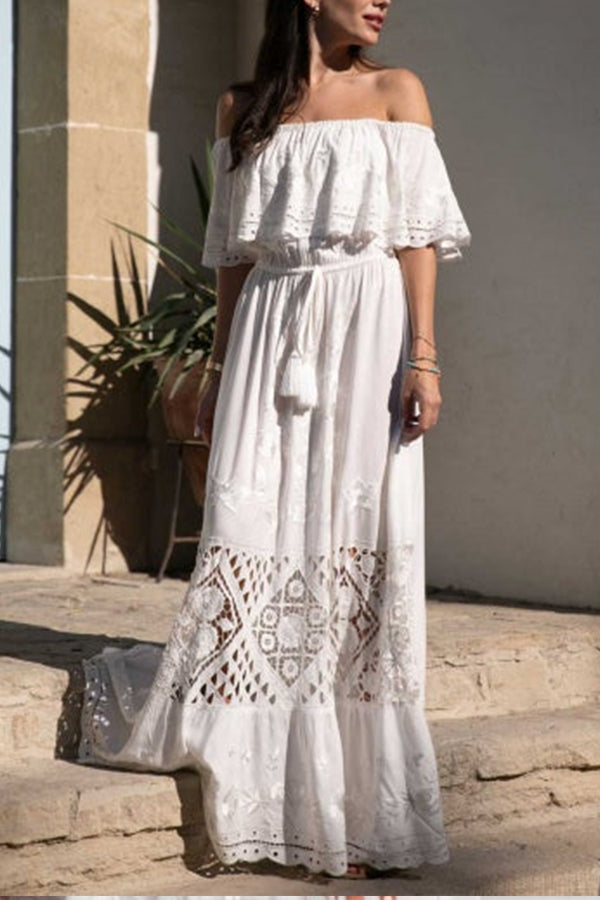 GODLIKE one-shoulder floral embroidered drawstring fringed belted maxi dress