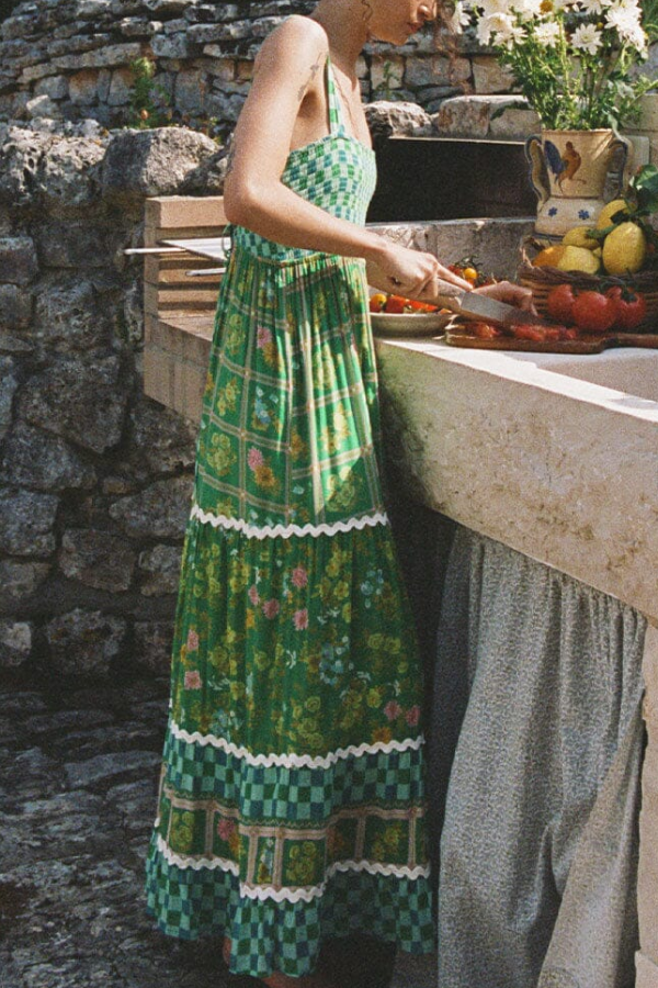 Robe longue à imprimé unique, buste froncé, dos lacé