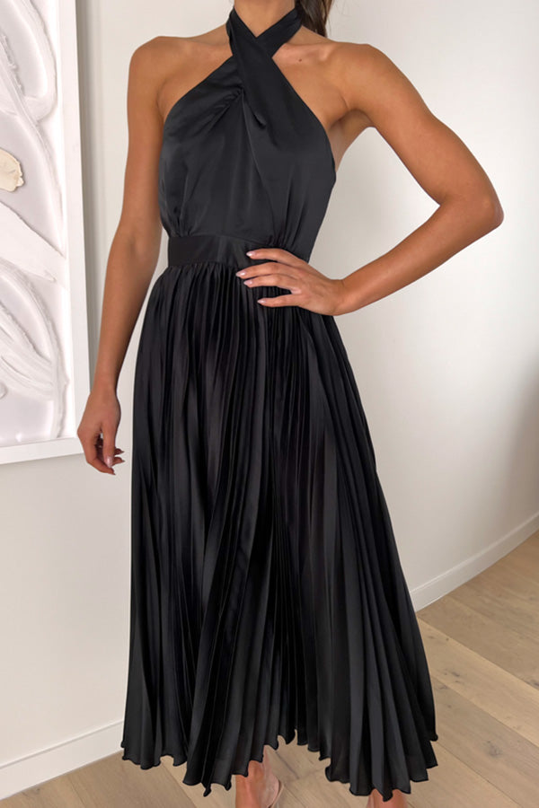 Beaming Smile Satin Halter Neck Pleated Midi Dress