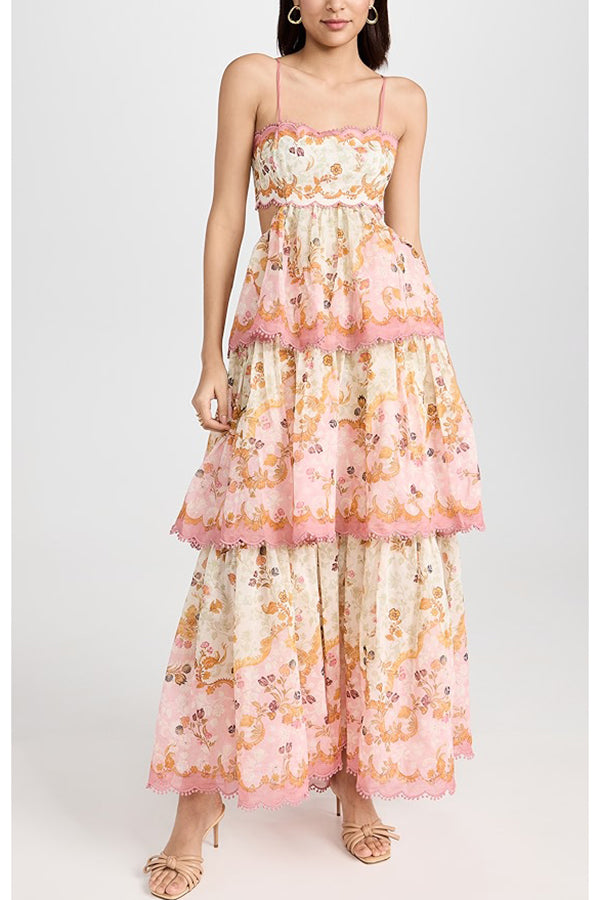 Charming Smile – Maxikleid mit Blumenmuster, gewelltem Spitzenbesatz am Rücken und Bindeband