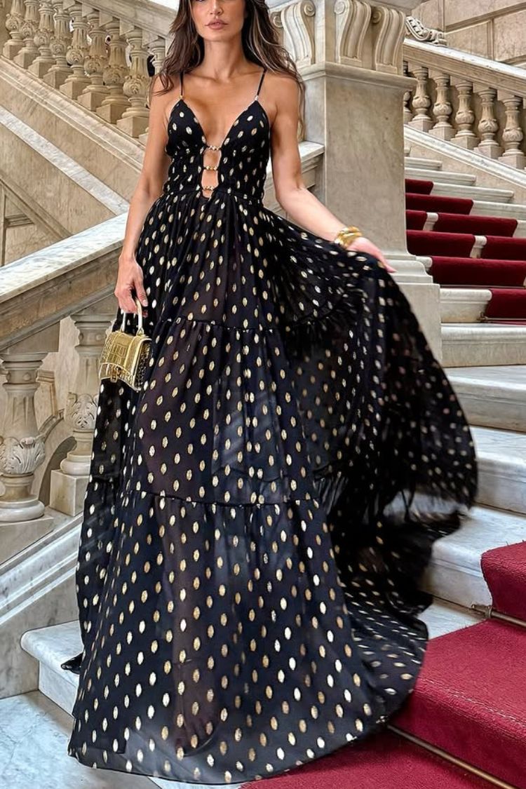 Robe longue légère en mousseline de soie à imprimé pois dorés et découpes