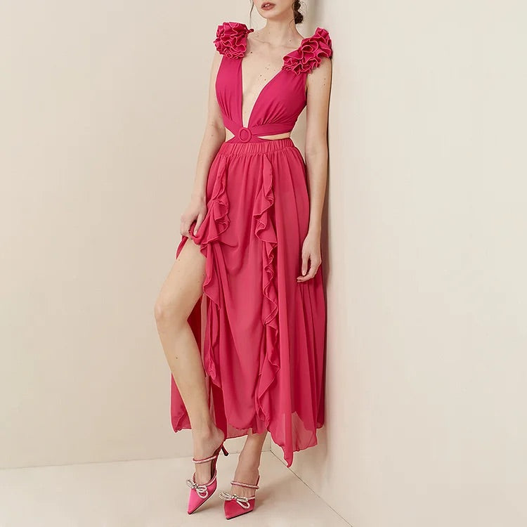 Maillot de bain une pièce et jupe découpés Vioye Deep V Rose Red 