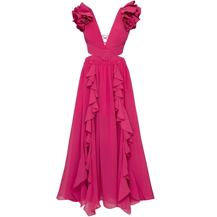 Maillot de bain une pièce et jupe découpés Vioye Deep V Rose Red 