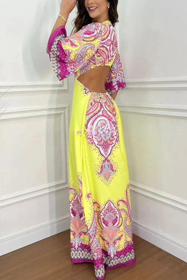 Robe longue de vacances dos nu à manches cloche et imprimé style palais