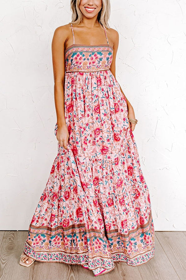 Sunny Day Darling Boho Printed Back Adjustable Tie Maxi Dress