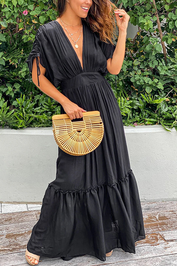 Black Drawstring Pleated Kimono Sleeve Ruffle Maxi Dress