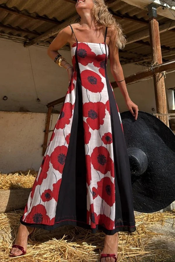 Robe longue plissée à bretelles et imprimé floral