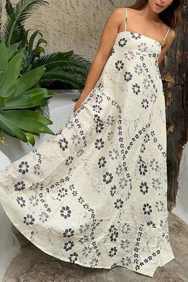 Robe longue dos nu à bretelles et imprimé floral en mélange de lin