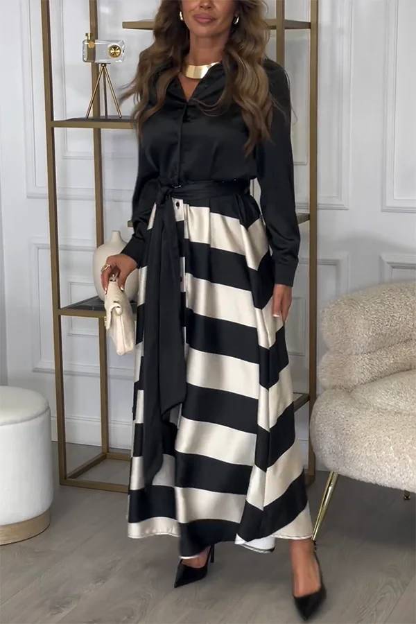 Robe longue en satin Lindsey à manches longues et ceinture contrastée