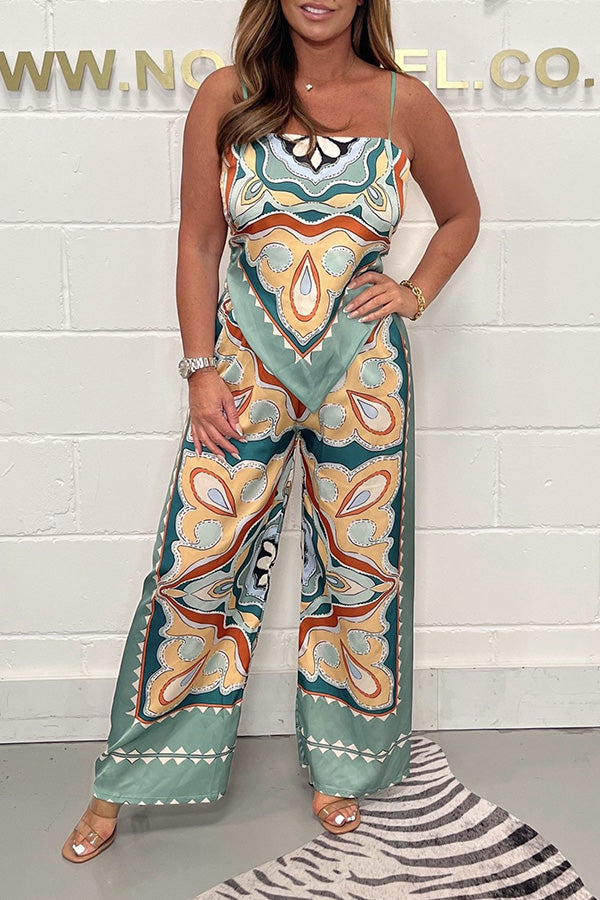 Set mit modischem Print, Trägertop mit offenem Rücken und Bindeband + gerader Hose 