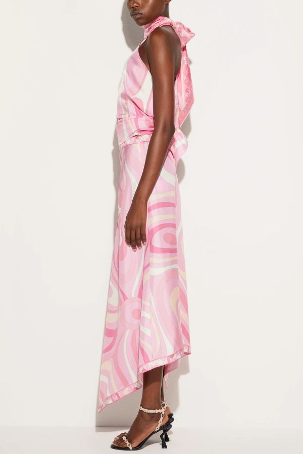 Ansela Satin Unique Print Halter Scarf Tank and Asymmetrical Maxi Skirt Set