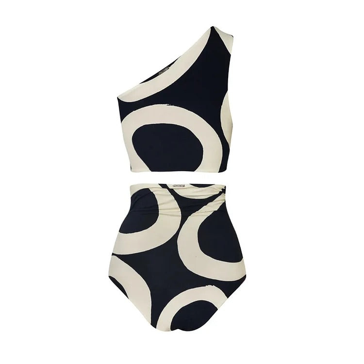 Maillot de bain bikini fendu à imprimé asymétrique et paréo 